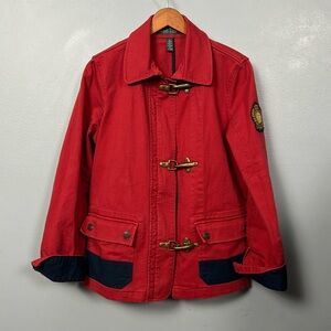 Lauren Jeans Red Denim Jacket with Brass lobster Closure M vintage barn parka